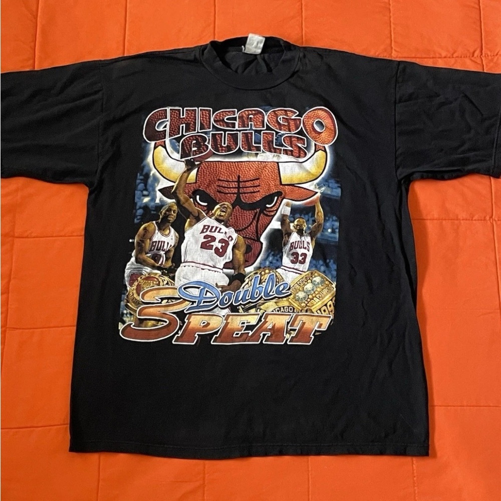 Vintage Chicago Bulls Rap Tee Double 3Peat Jordan Rodman Pippen NBA 90s